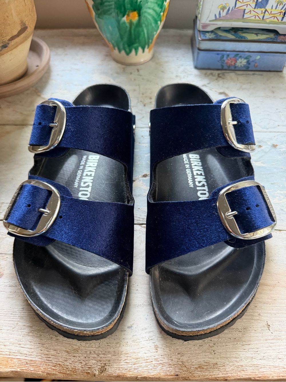 Birkenstock Arizona Big Buckle Midnight Blue Velvet Sandals EU 37 Narrow NWOT